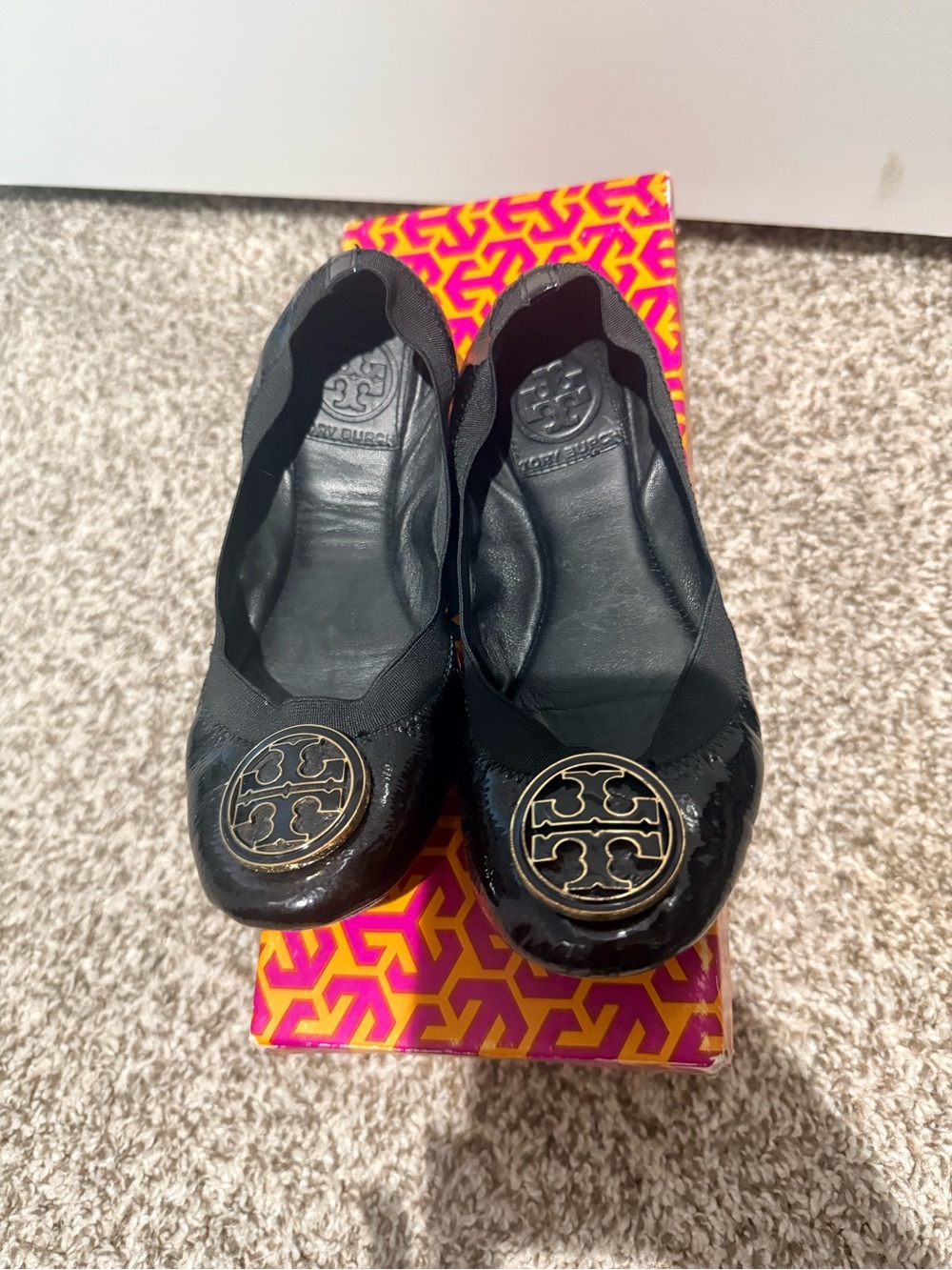 Tory Burch Black Patent Leather Logo Ballet Flats